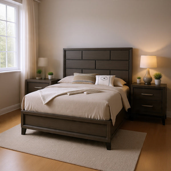 Queen Bedroom Set, Gray, Black Wood, 3 Piece Set with 2 Nightstands