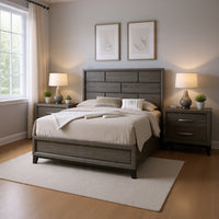 Queen Bedroom Set, Gray, Black Wood, 3 Piece Set with 2 Nightstands