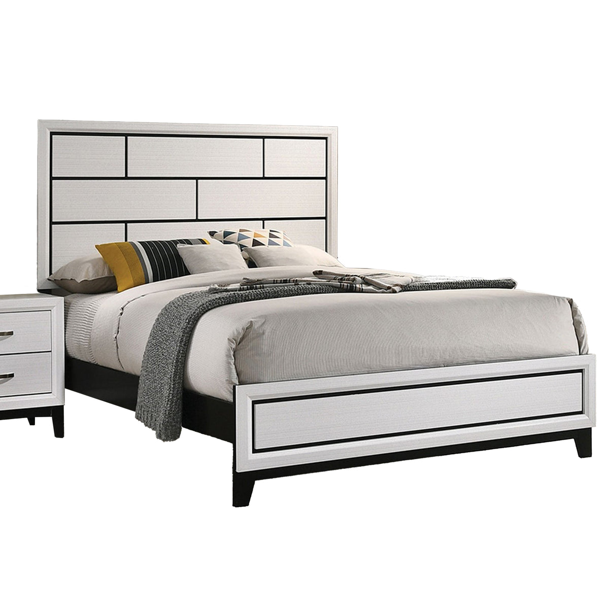 Queen Bedroom Set, White, Black, Nickel Wood, 2 Piece Set with Nightstand