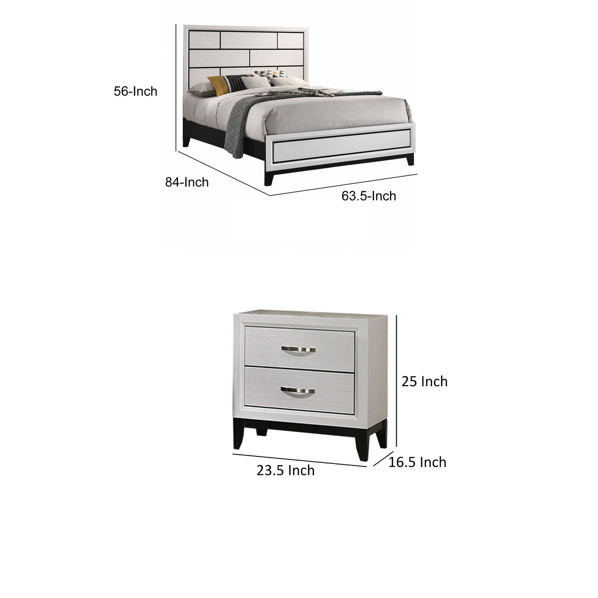 Queen Bedroom Set, White, Black, Nickel Wood, 2 Piece Set with Nightstand