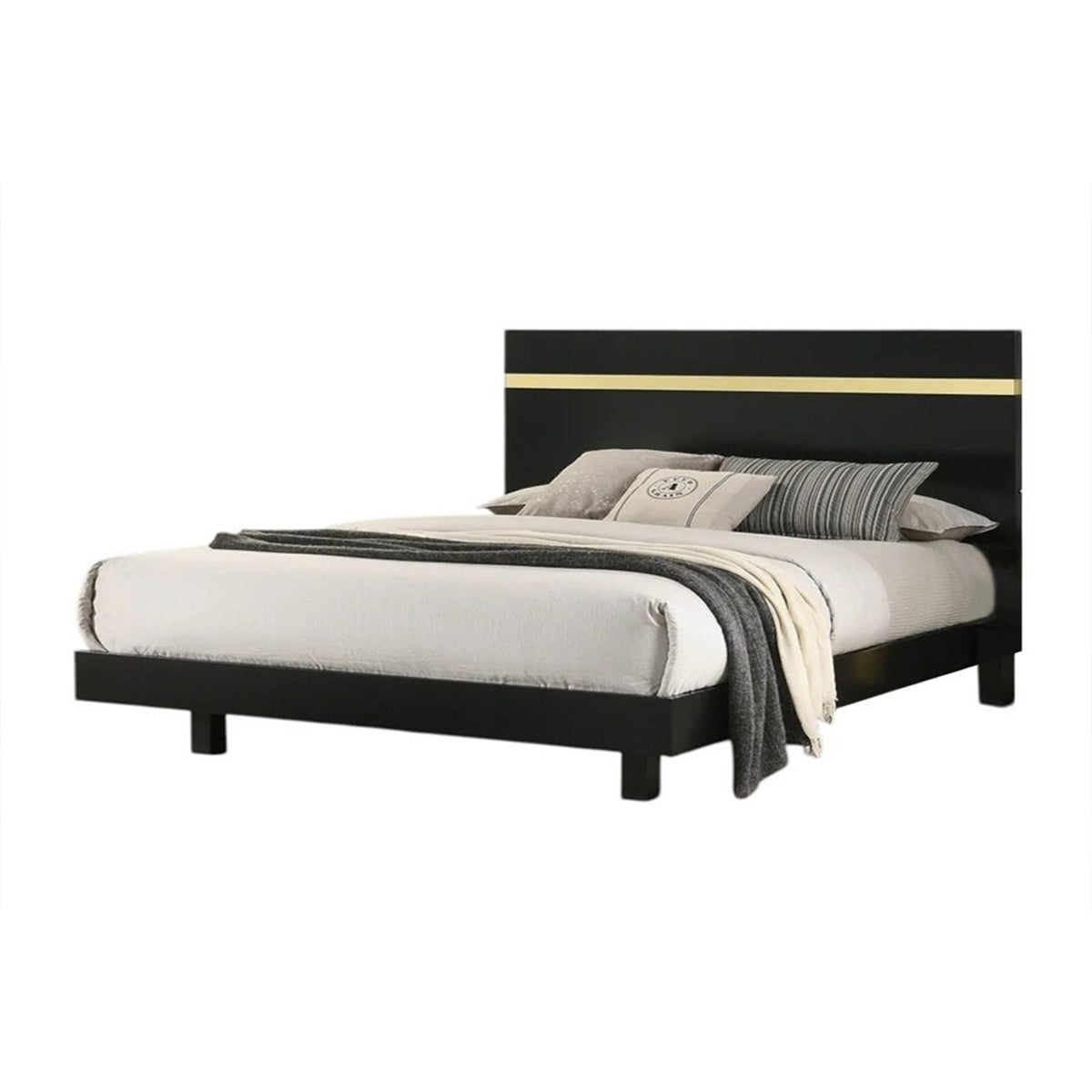 Queen Bedroom Set, Black, Gold Wood, 2 Piece Set with Nightstand