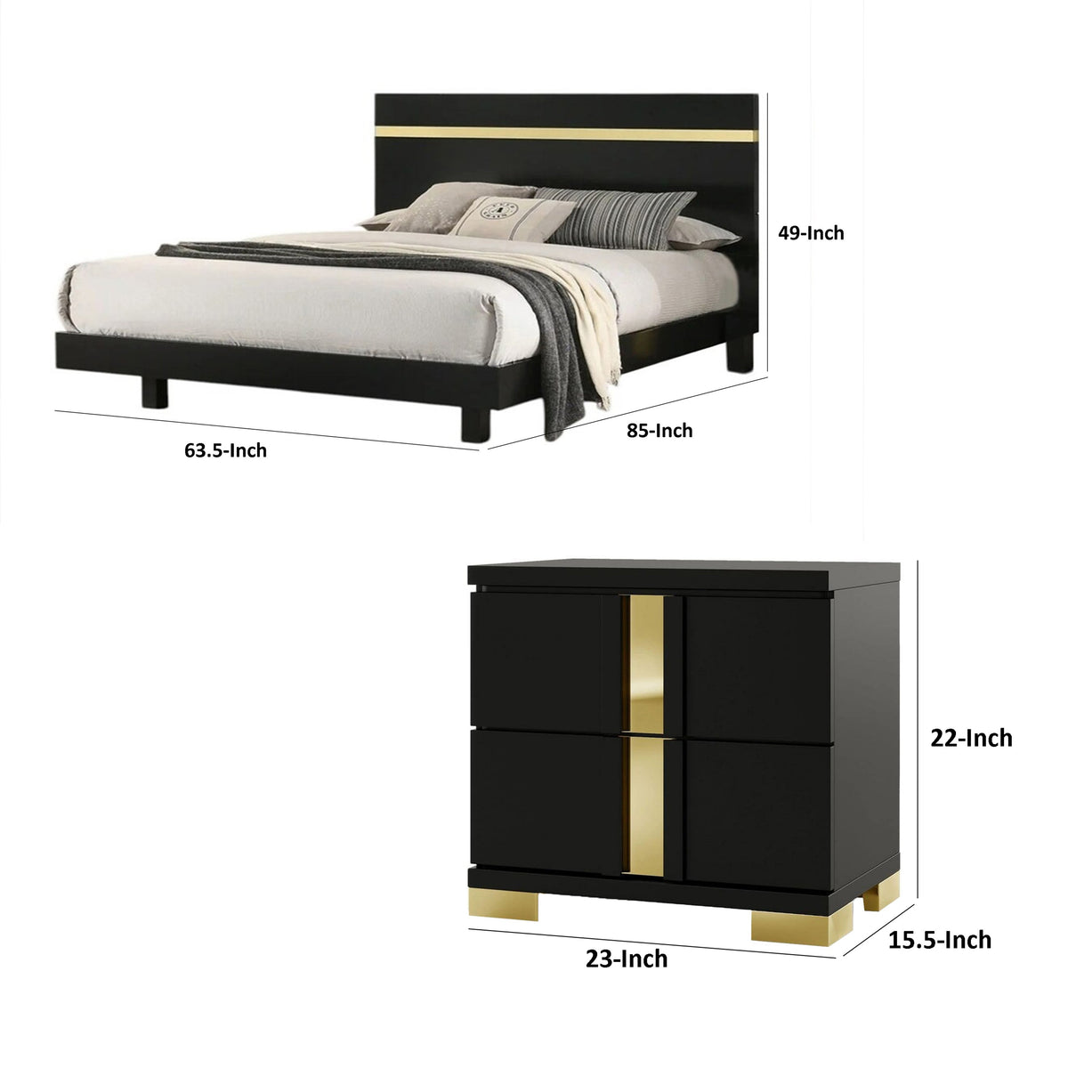 Queen Bedroom Set, Black, Gold Wood, 2 Piece Set with Nightstand