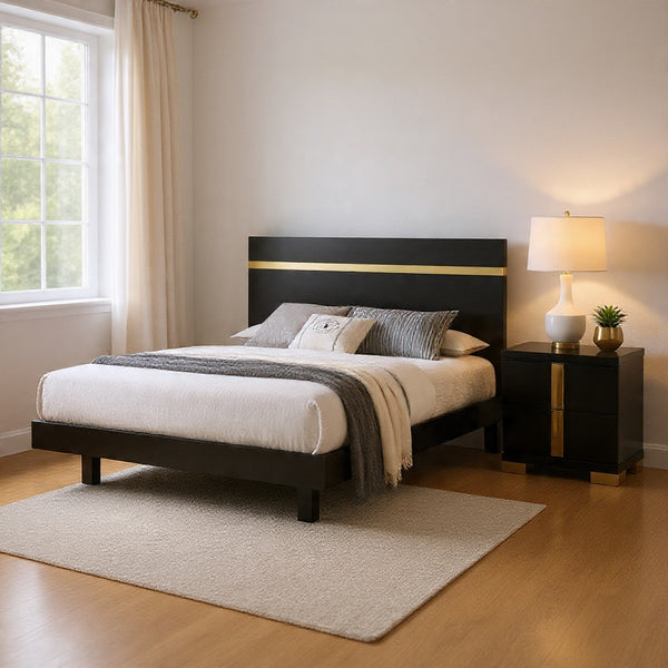 Queen Bedroom Set, Black, Gold Wood, 2 Piece Set with Nightstand