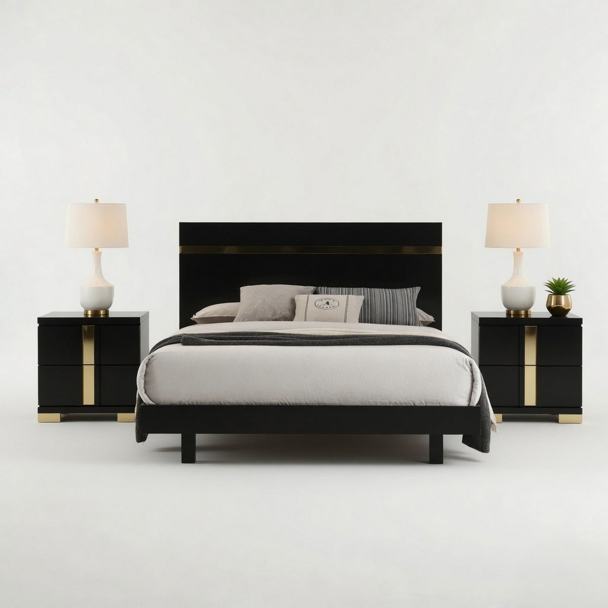 Queen Bedroom Set, Black, Gold Wood, 3 Piece Set with 2 Nightstands
