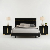 Queen Bedroom Set, Black, Gold Wood, 3 Piece Set with 2 Nightstands