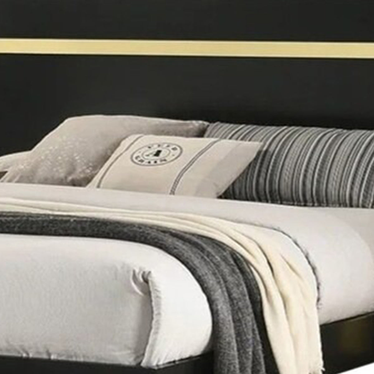 Queen Bedroom Set, Black, Gold Wood, 3 Piece Set with 2 Nightstands