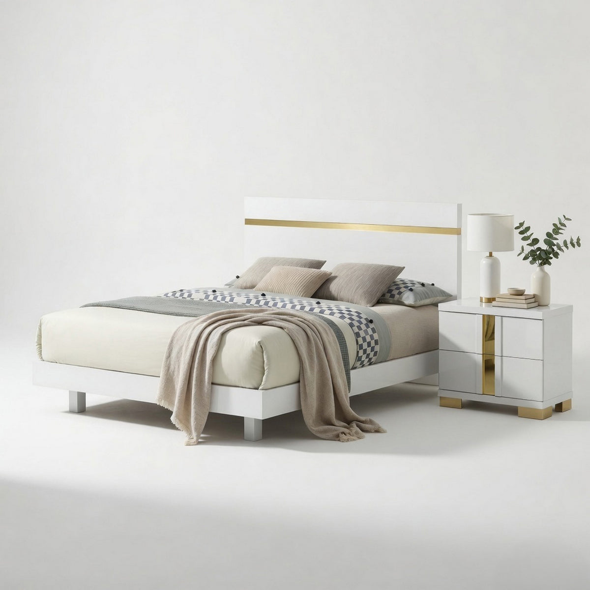 Queen Bedroom Set, White, Gold Wood, 2 Piece Set with Nightstand