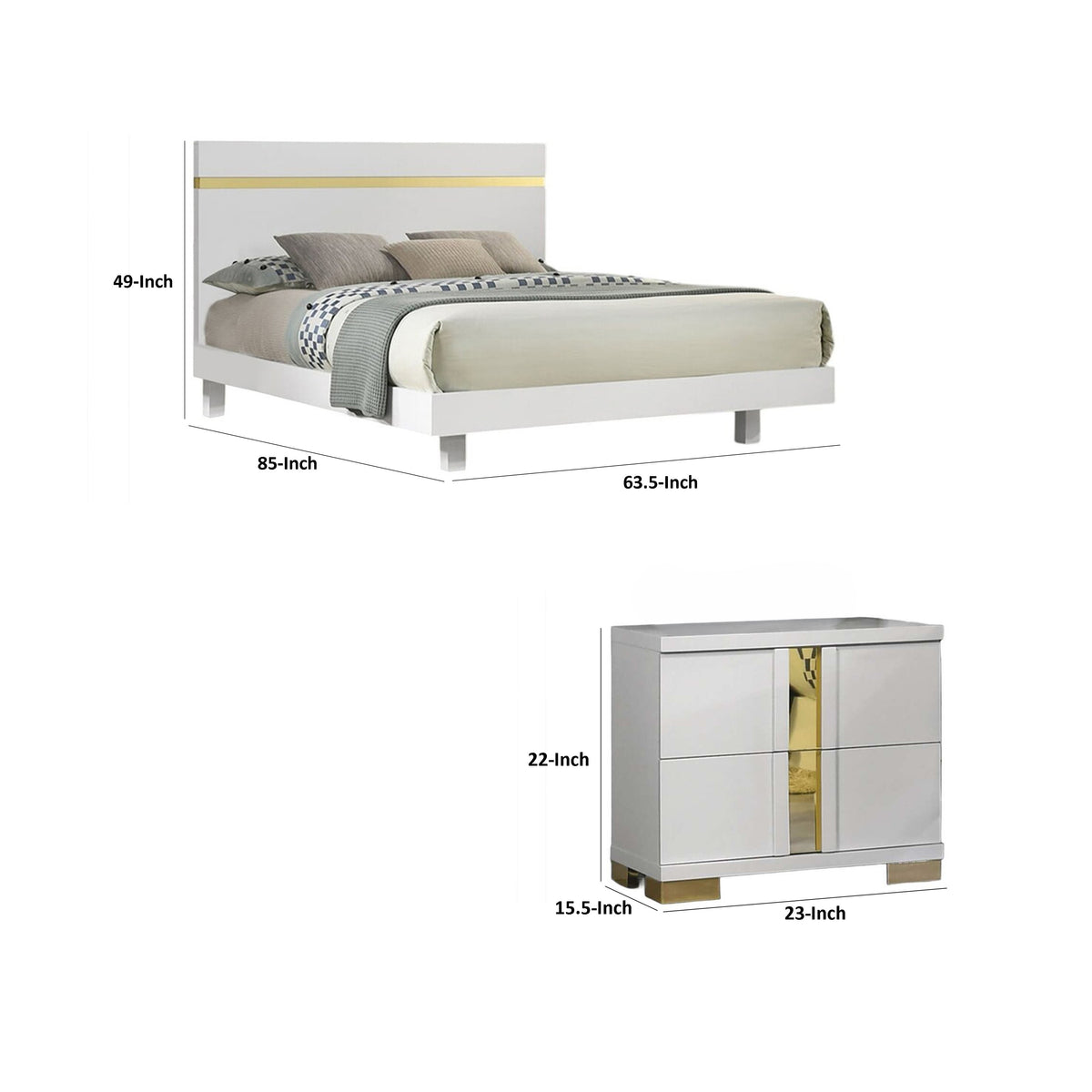 Queen Bedroom Set, White, Gold Wood, 2 Piece Set with Nightstand