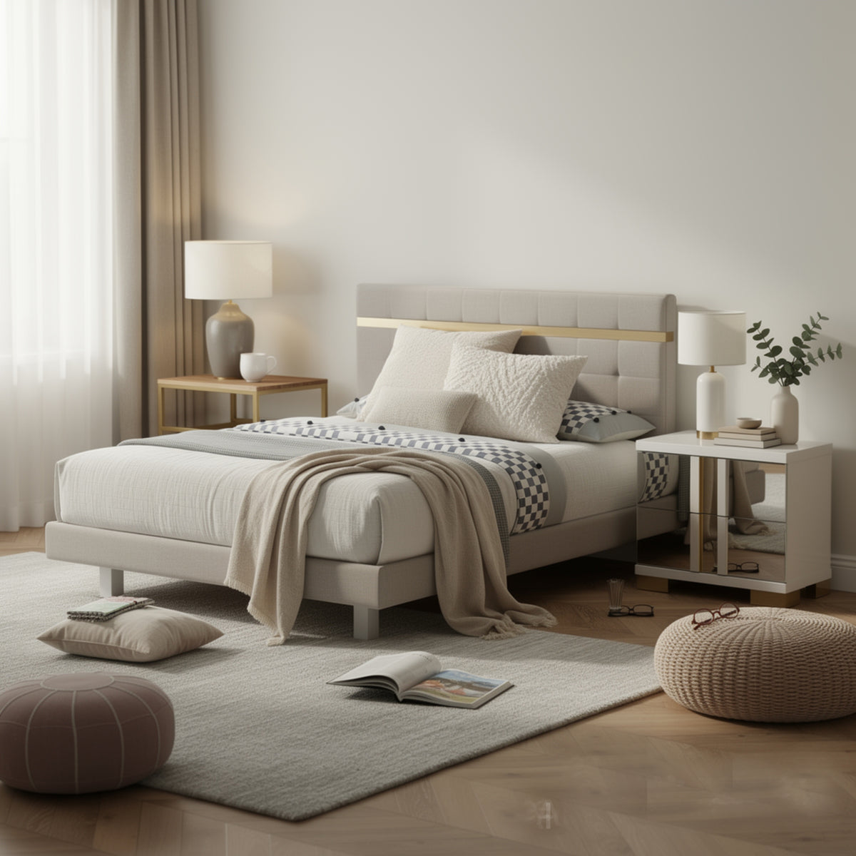 Queen Bedroom Set, White, Gold Wood, 2 Piece Set with Nightstand