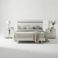Queen Bedroom Set, White, Gold Wood, 3 Piece Set with 2 Nightstands
