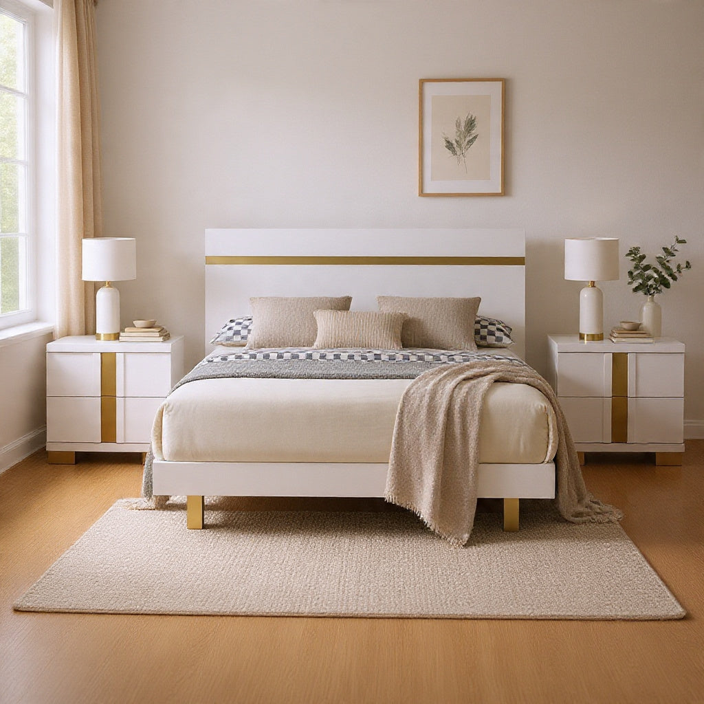 Queen Bedroom Set, White, Gold Wood, 3 Piece Set with 2 Nightstands