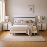 Queen Bedroom Set, White, Gold Wood, 3 Piece Set with 2 Nightstands
