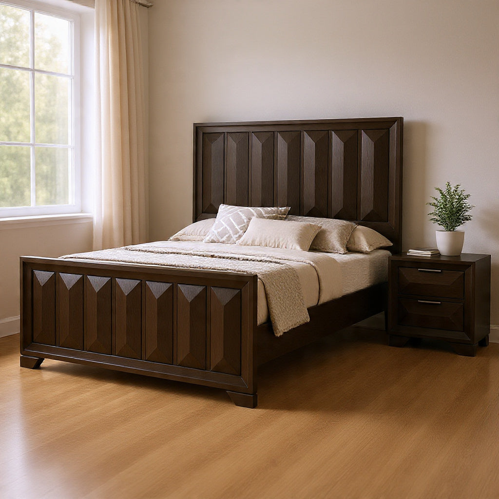 Queen Bedroom Set, Espresso Brown, Nickel Wood, 2 Piece Set with Nightstand-BM354317