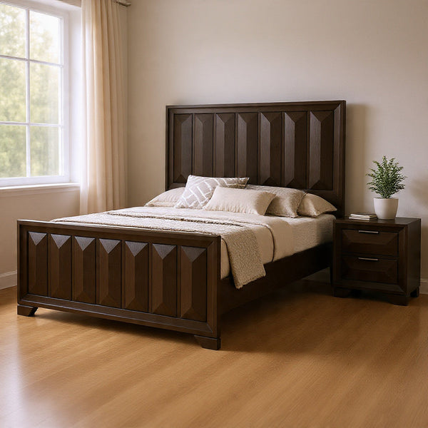 Queen Bedroom Set, Espresso Brown, Nickel Wood, 2 Piece Set with Nightstand-BM354317