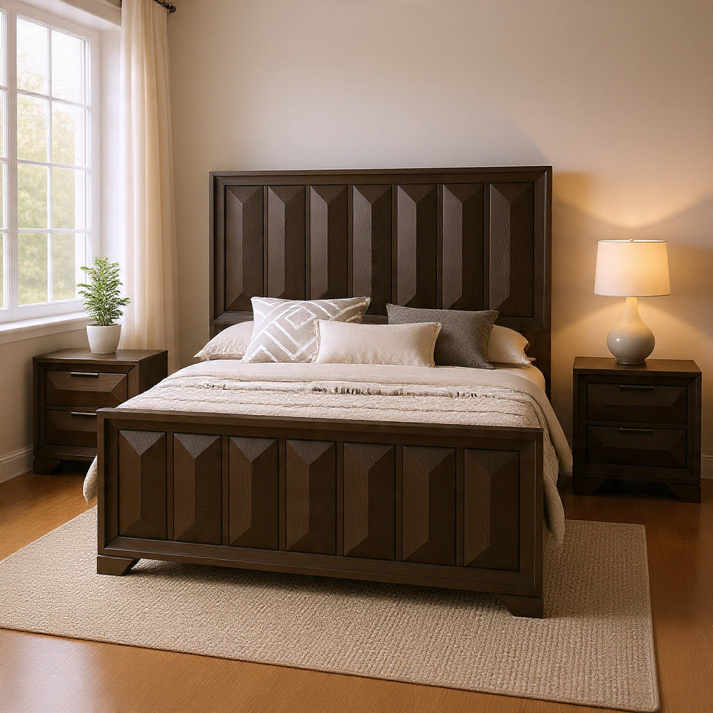 Queen Bedroom Set, Espresso Brown, Nickel Wood, 3 Piece Set with 2 Nightstands-BM354318