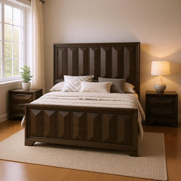 Queen Bedroom Set, Espresso Brown, Nickel Wood, 3 Piece Set with 2 Nightstands-BM354318