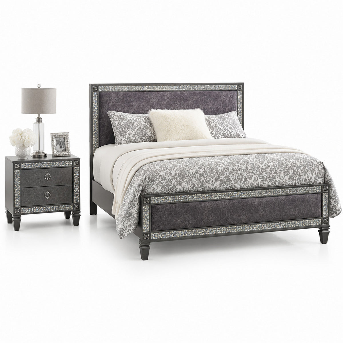 Queen Bedroom Set, Gray, Nickel Wood, 2 Piece Set with Nightstand