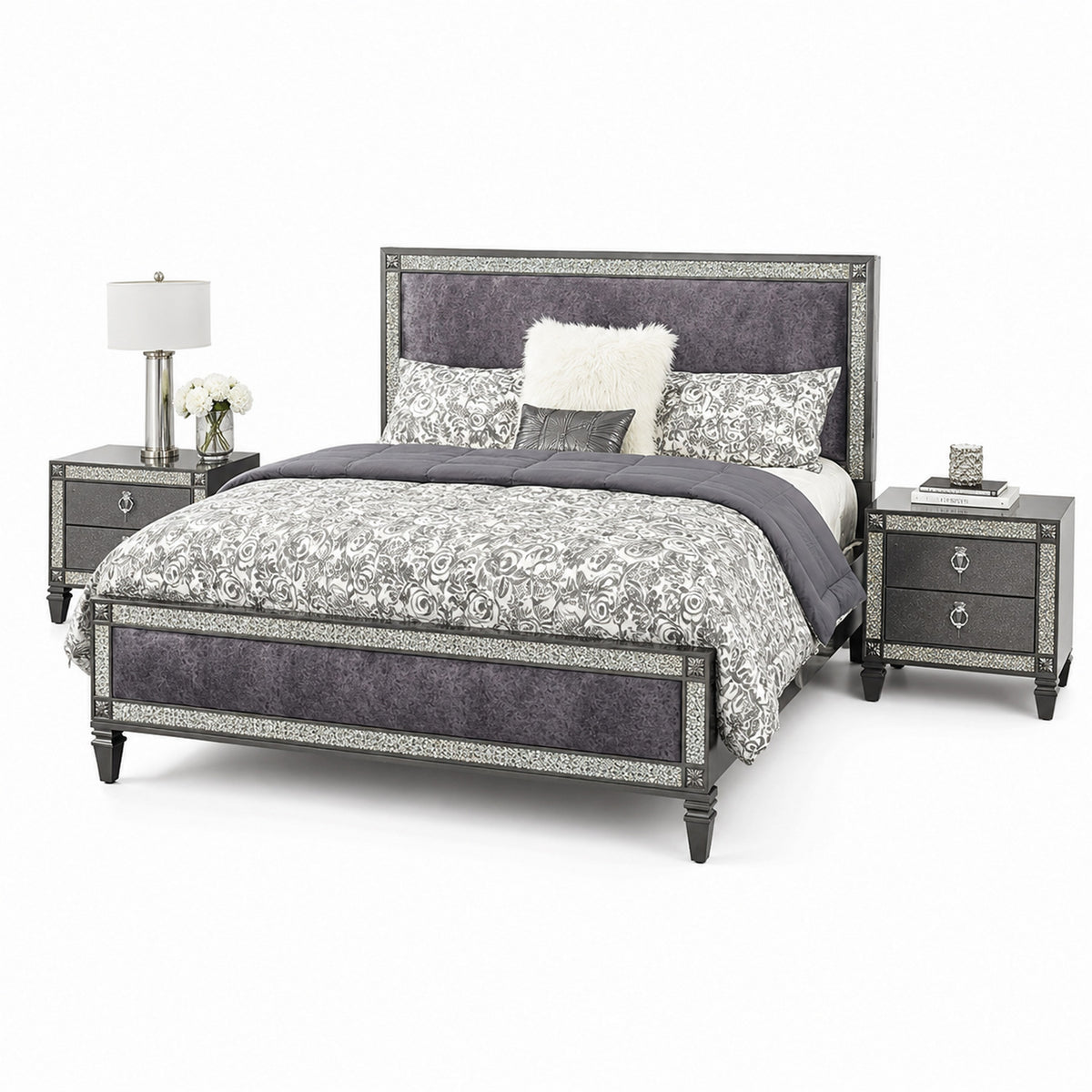 Queen Bedroom Set, Gray, Nickel Wood, 3 Piece Set with 2 Nightstands