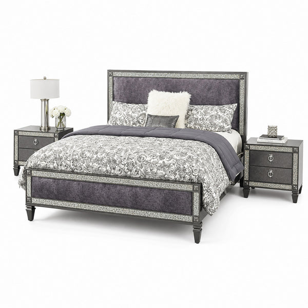 Queen Bedroom Set, Gray, Nickel Wood, 3 Piece Set with 2 Nightstands