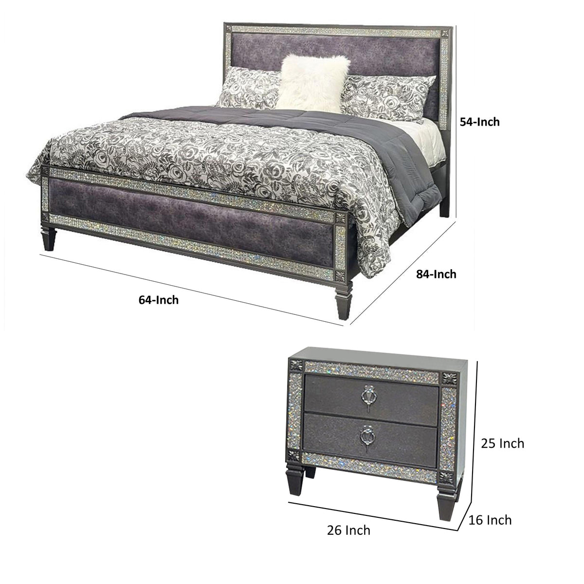 Queen Bedroom Set, Gray, Nickel Wood, 3 Piece Set with 2 Nightstands