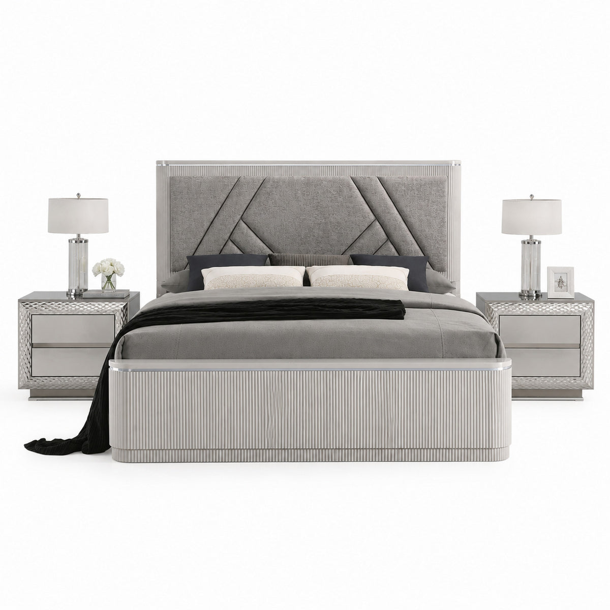 Queen Bedroom Set, Gray, Silver Wood, 3 Piece Set with 2 Nightstands