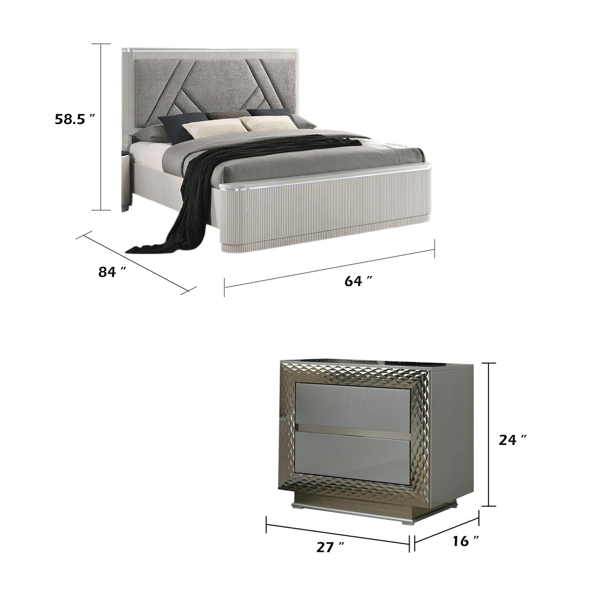 Queen Bedroom Set, Gray, Silver Wood, 3 Piece Set with 2 Nightstands