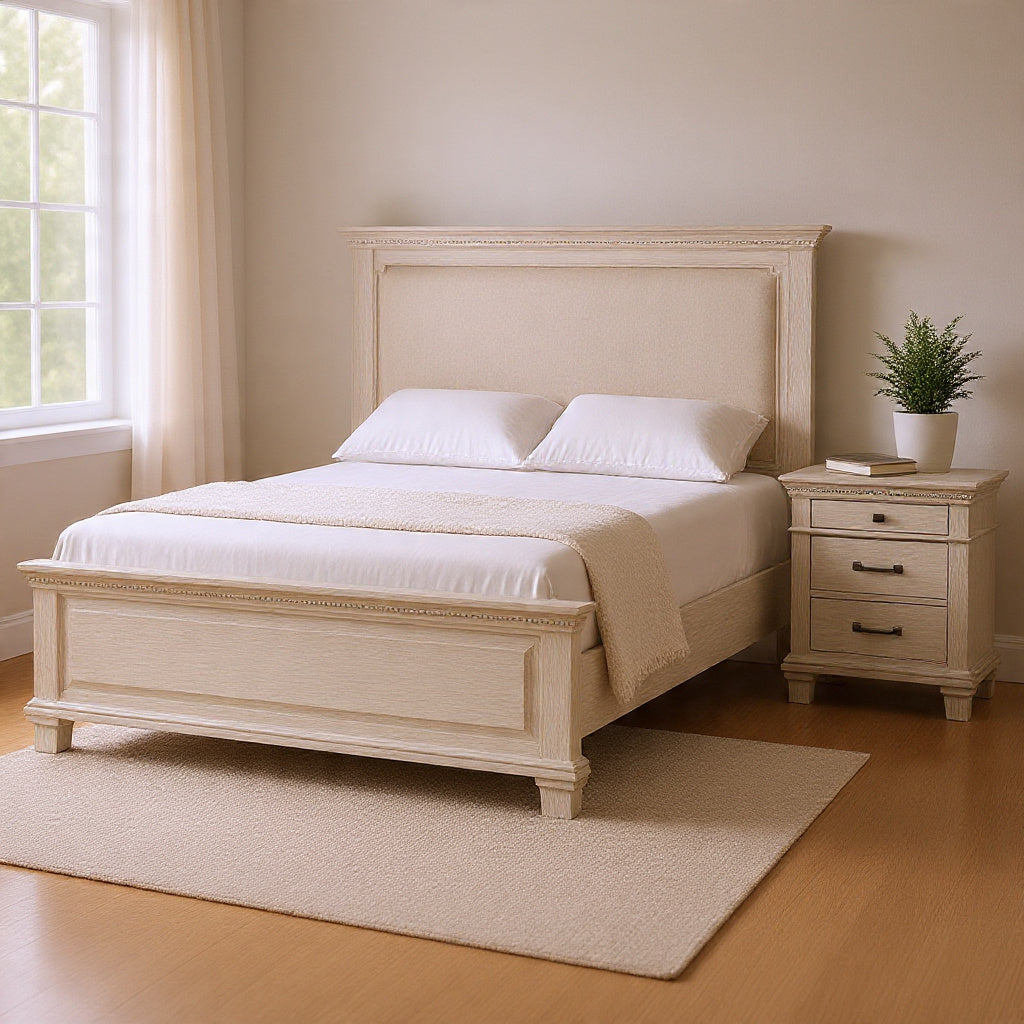 Queen Bedroom Set, Gray, Cream Wood, 2 Piece Set with Nightstand-BM354361