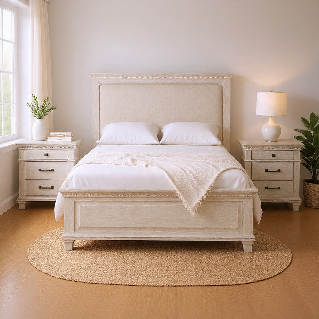 Queen Bedroom Set, Gray, Cream Wood, 3 Piece Set with 2 Nightstands-BM354362
