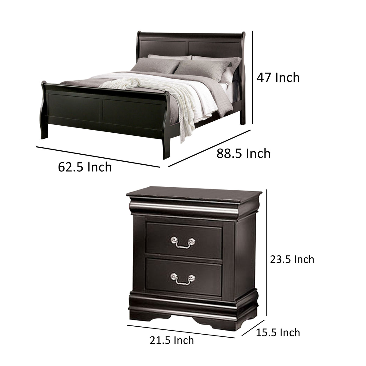 Queen Bedroom Set, Black, Nickel Wood, 2 Piece Set with Nightstand
