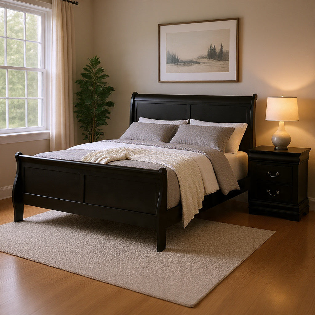 Queen Bedroom Set, Black, Nickel Wood, 2 Piece Set with Nightstand
