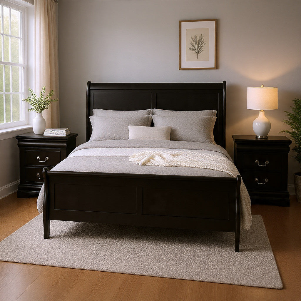 Queen Bedroom Set, Black, Nickel Wood, 3 Piece Set with 2 Nightstands
