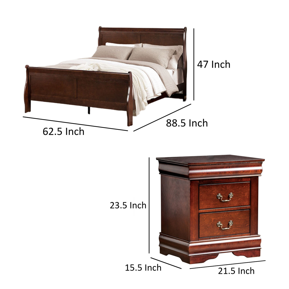 Queen Bedroom Set, Cherry Brown, Bronze Wood, 2 Piece Set with Nightstand