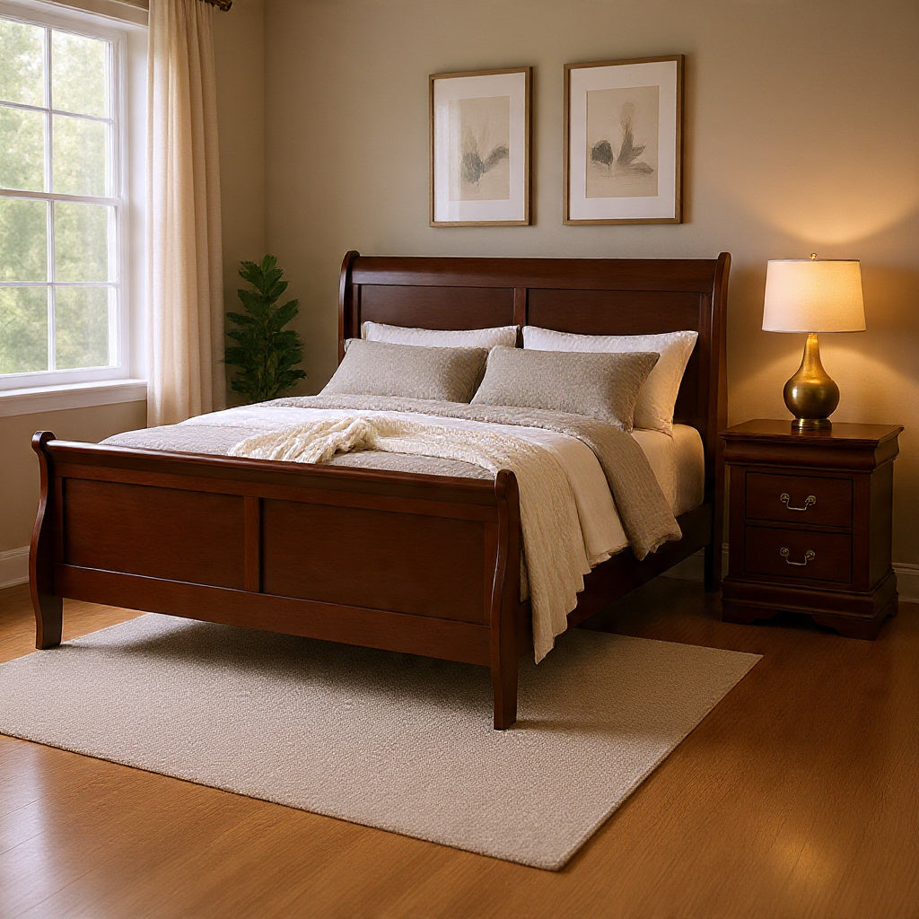 Queen Bedroom Set, Cherry Brown, Bronze Wood, 2 Piece Set with Nightstand