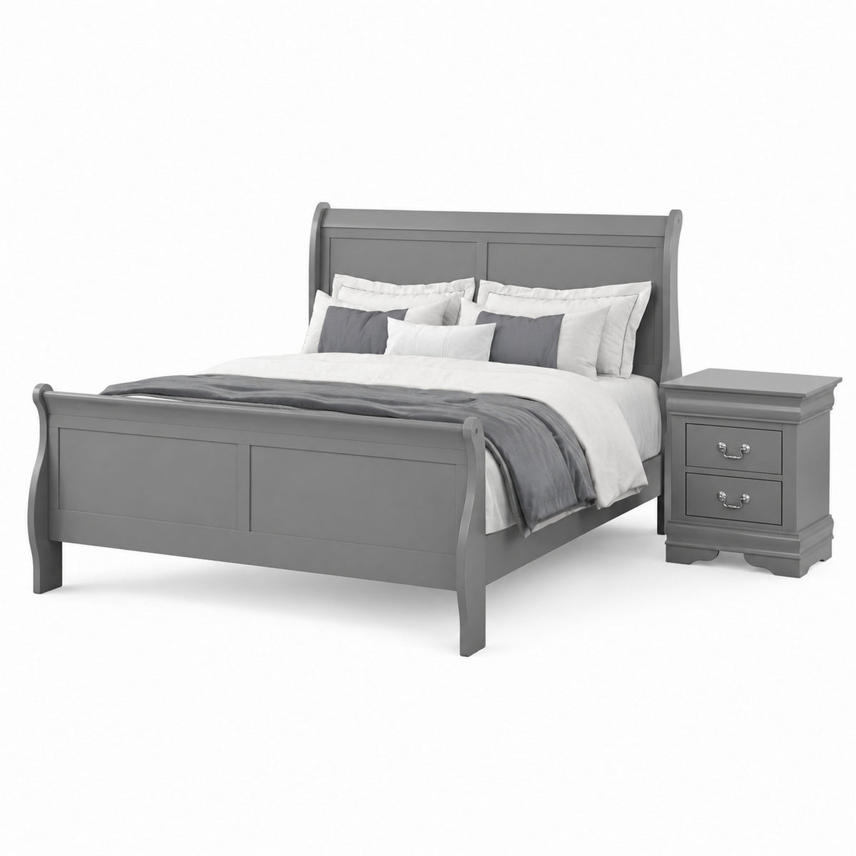 Queen Bedroom Set, Gray, Nickel Wood, 2 Piece Set with Nightstand