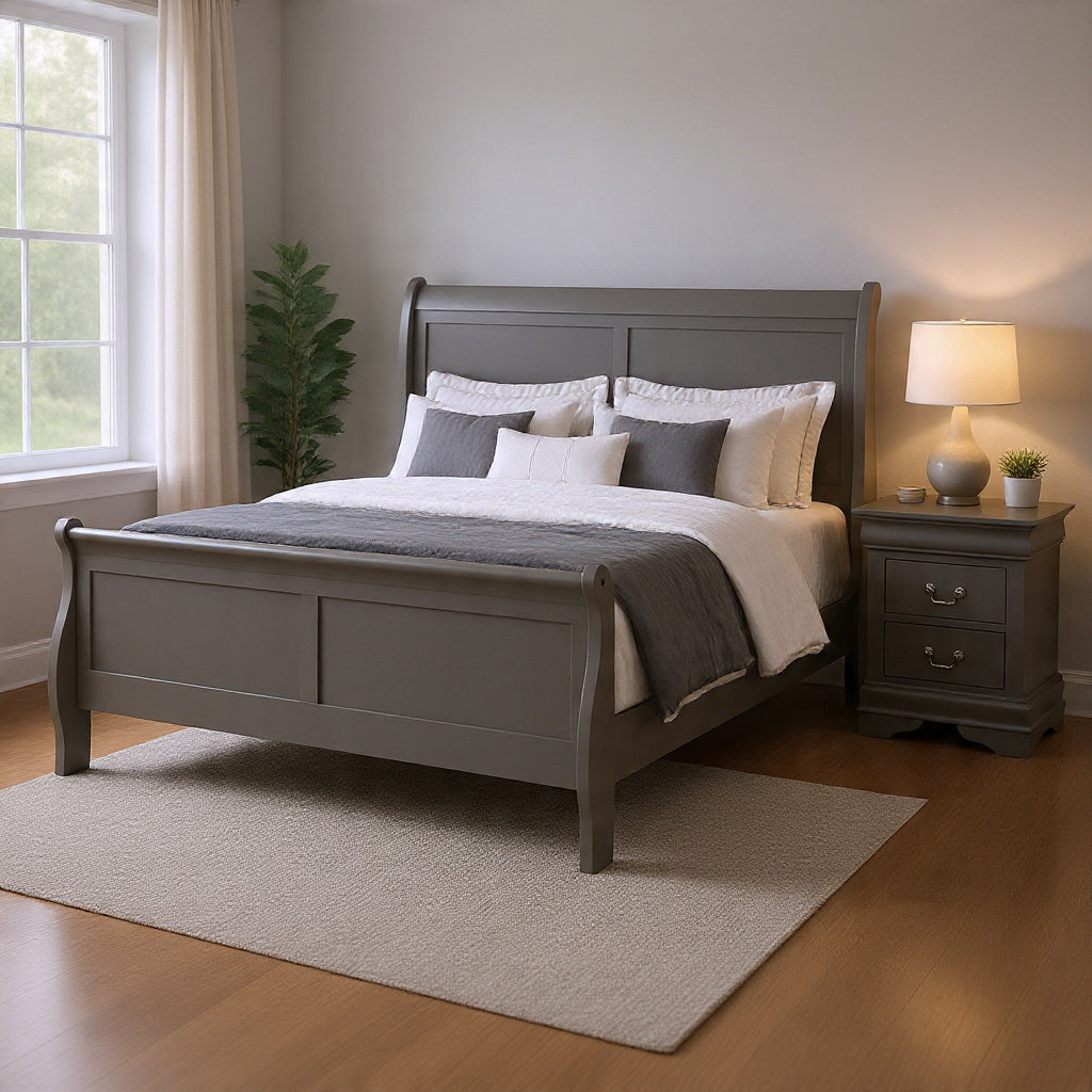 Queen Bedroom Set, Gray, Nickel Wood, 2 Piece Set with Nightstand