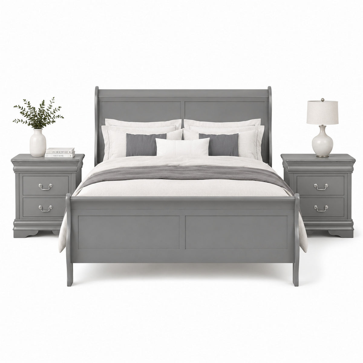 Queen Bedroom Set, Gray, Nickel Wood, 3 Piece Set with 2 Nightstands