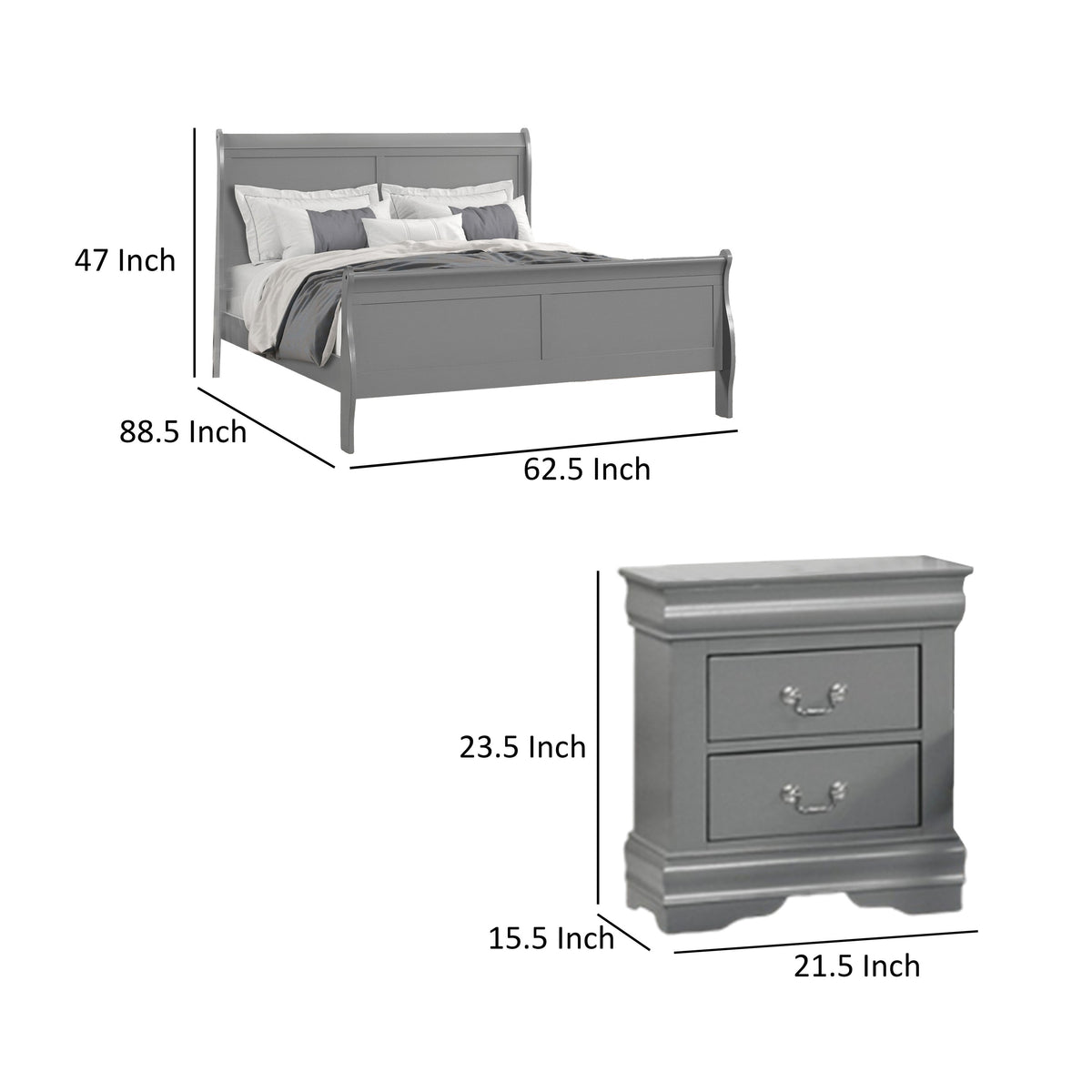 Queen Bedroom Set, Gray, Nickel Wood, 3 Piece Set with 2 Nightstands