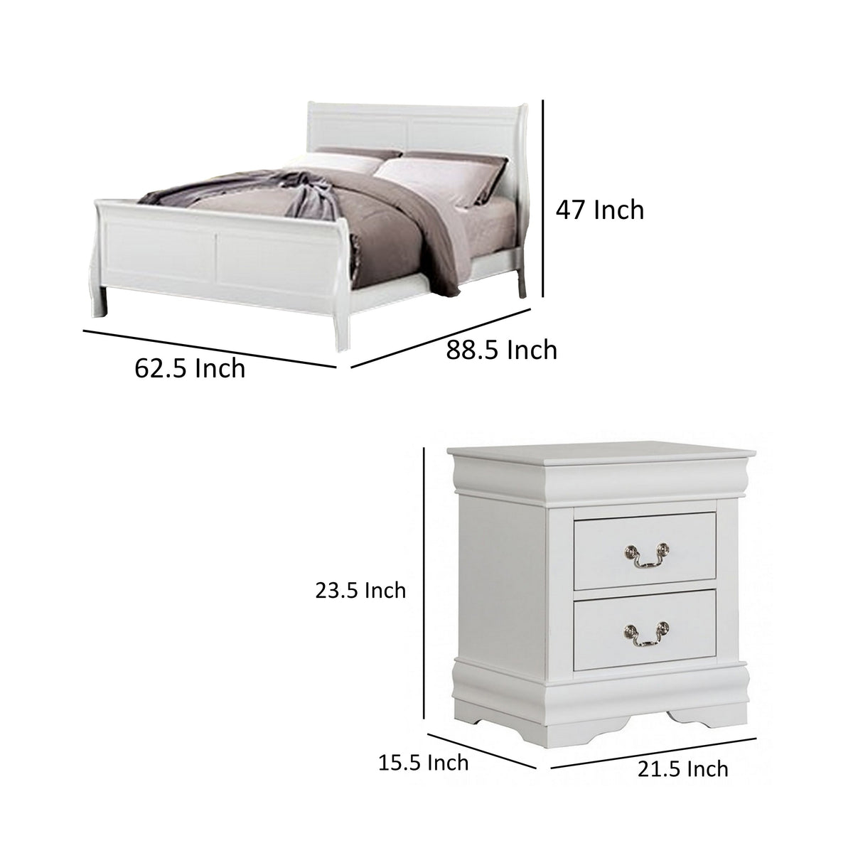 Queen Bedroom Set, White, Nickel Wood, 2 Piece Set with Nightstand