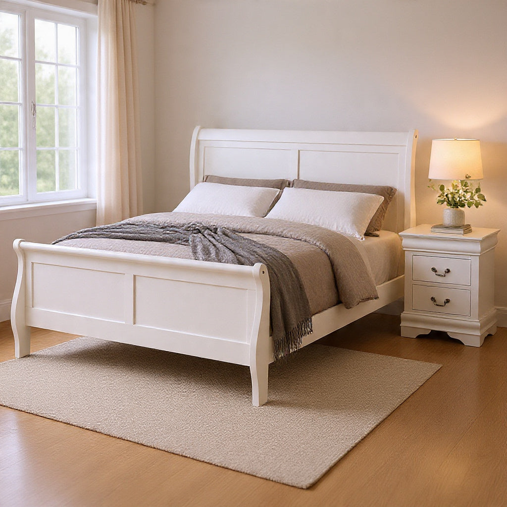 Queen Bedroom Set, White, Nickel Wood, 2 Piece Set with Nightstand
