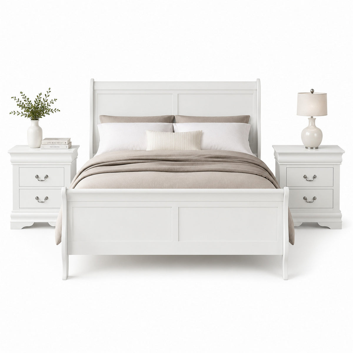 Queen Bedroom Set, White, Nickel Wood, 3 Piece Set with 2 Nightstands
