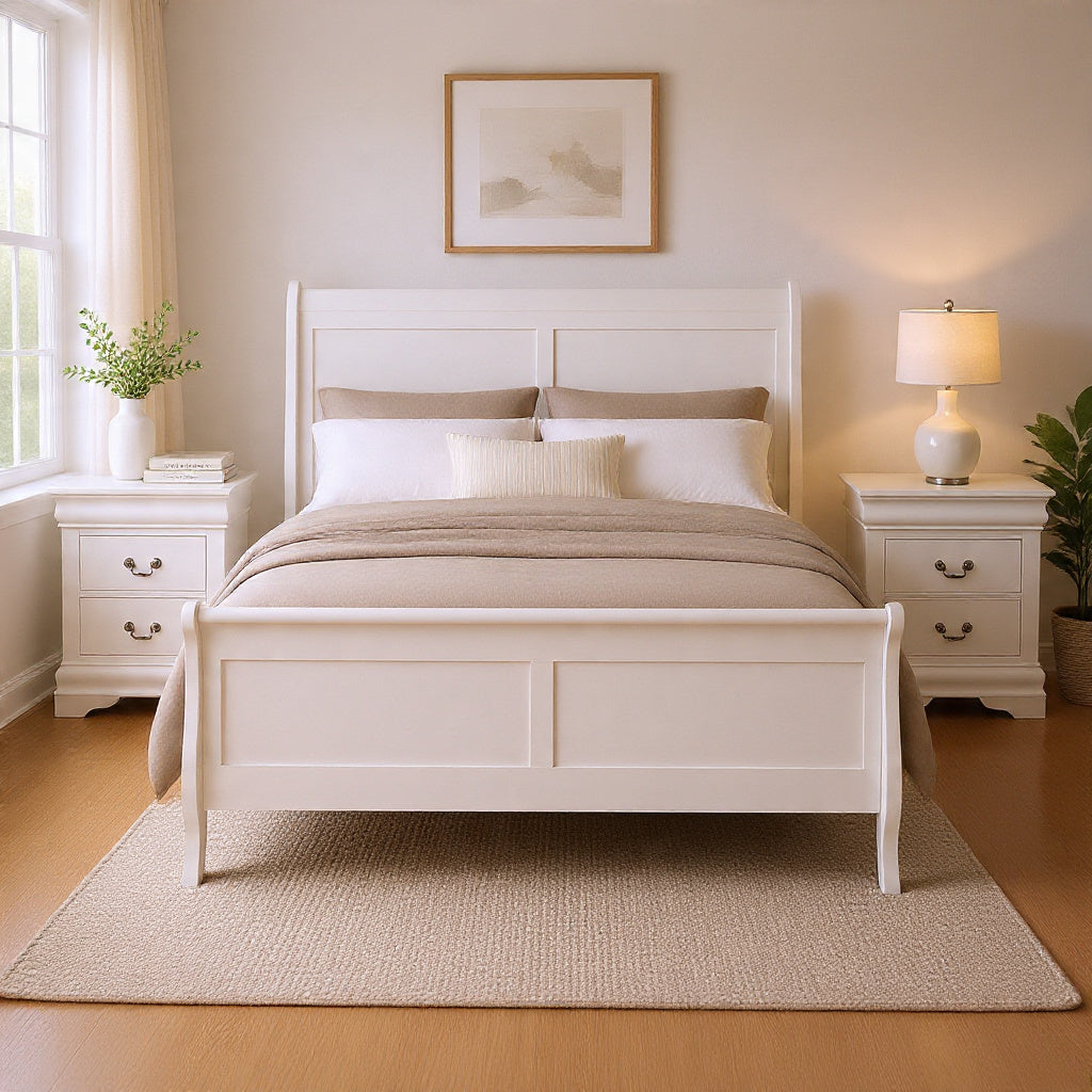 Queen Bedroom Set, White, Nickel Wood, 3 Piece Set with 2 Nightstands