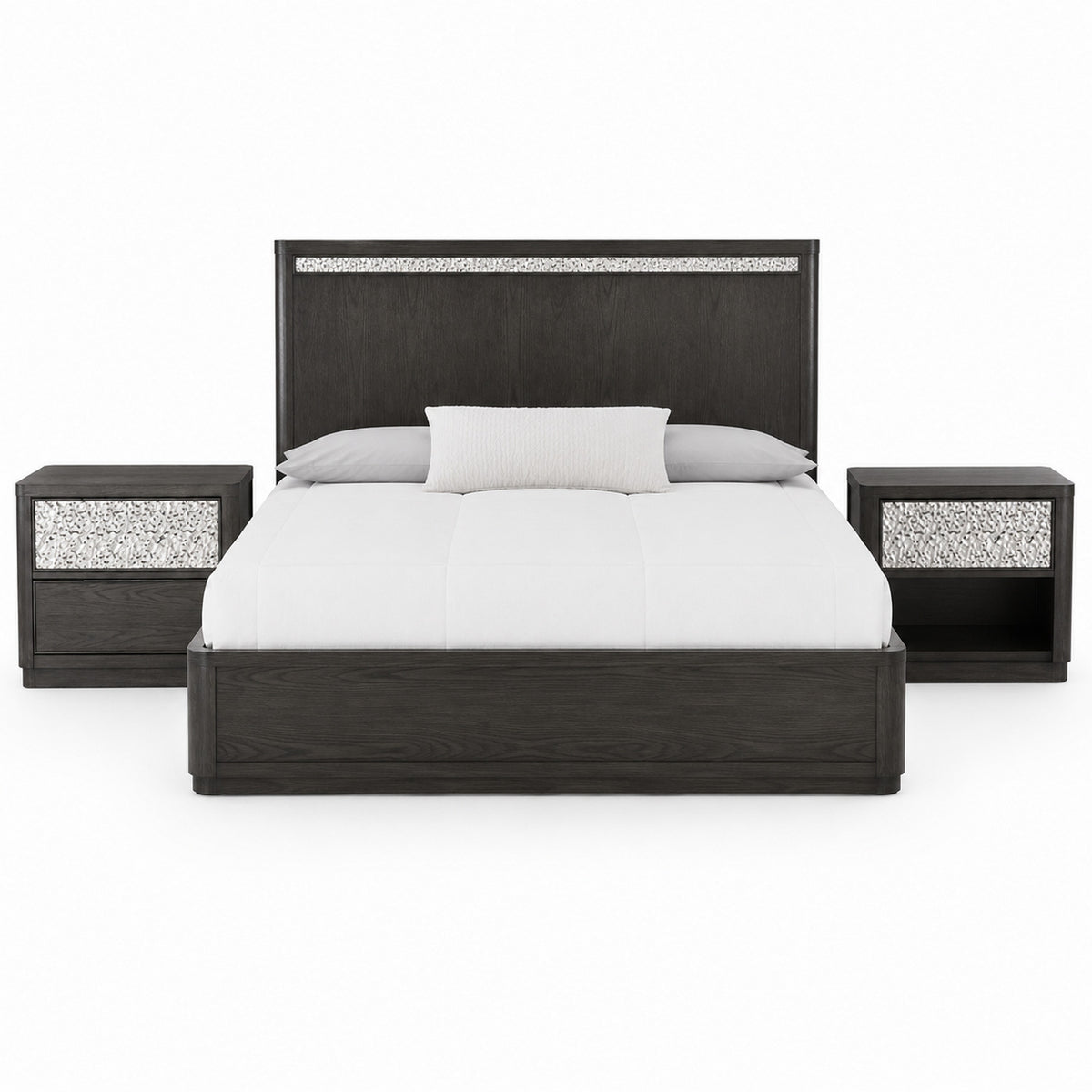 Queen Bedroom Set, Ash Gray, Chrome Wood, 3 Piece Set with 2 Nightstands
