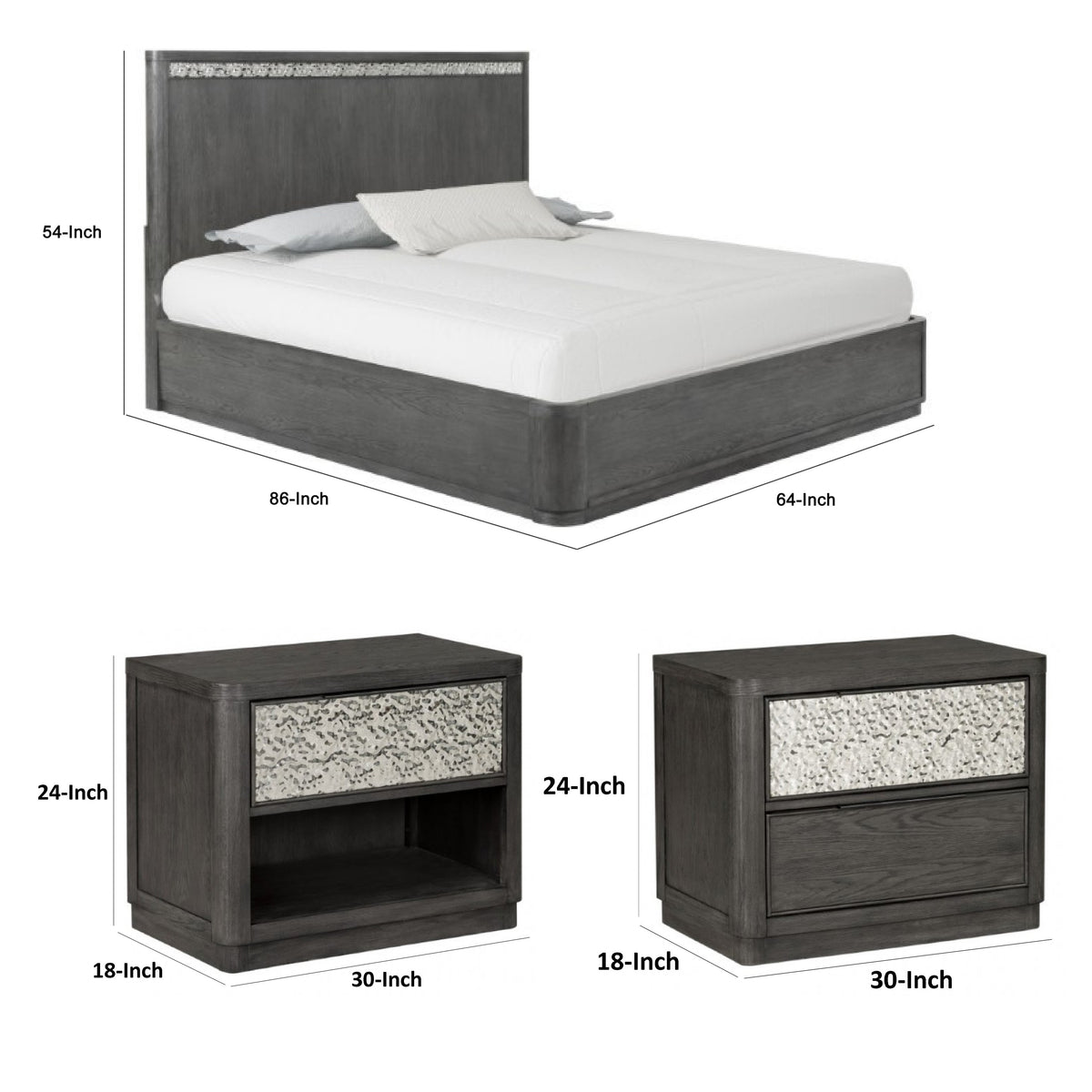 Queen Bedroom Set, Ash Gray, Chrome Wood, 3 Piece Set with 2 Nightstands