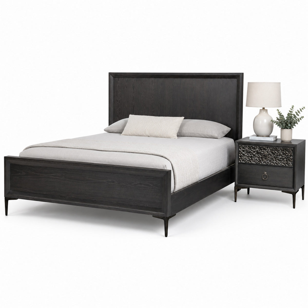 Queen Bedroom Set, Espresso Brown, Silver, Black Wood, 2 Piece Set with Nightstand
