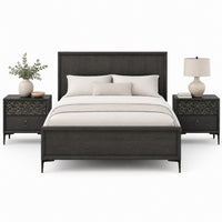 Queen Bedroom Set, Espresso Brown, Silver, Black Wood, 3 Piece Set with 2 Nightstands