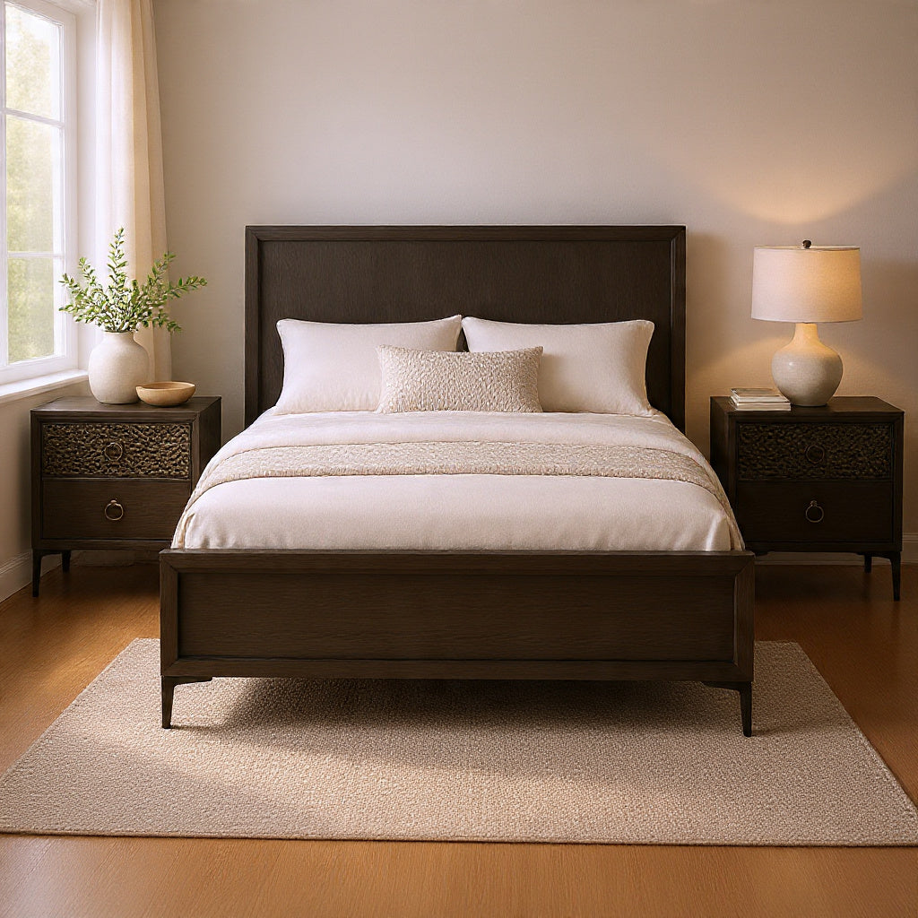 Queen Bedroom Set, Espresso Brown, Silver, Black Wood, 3 Piece Set with 2 Nightstands