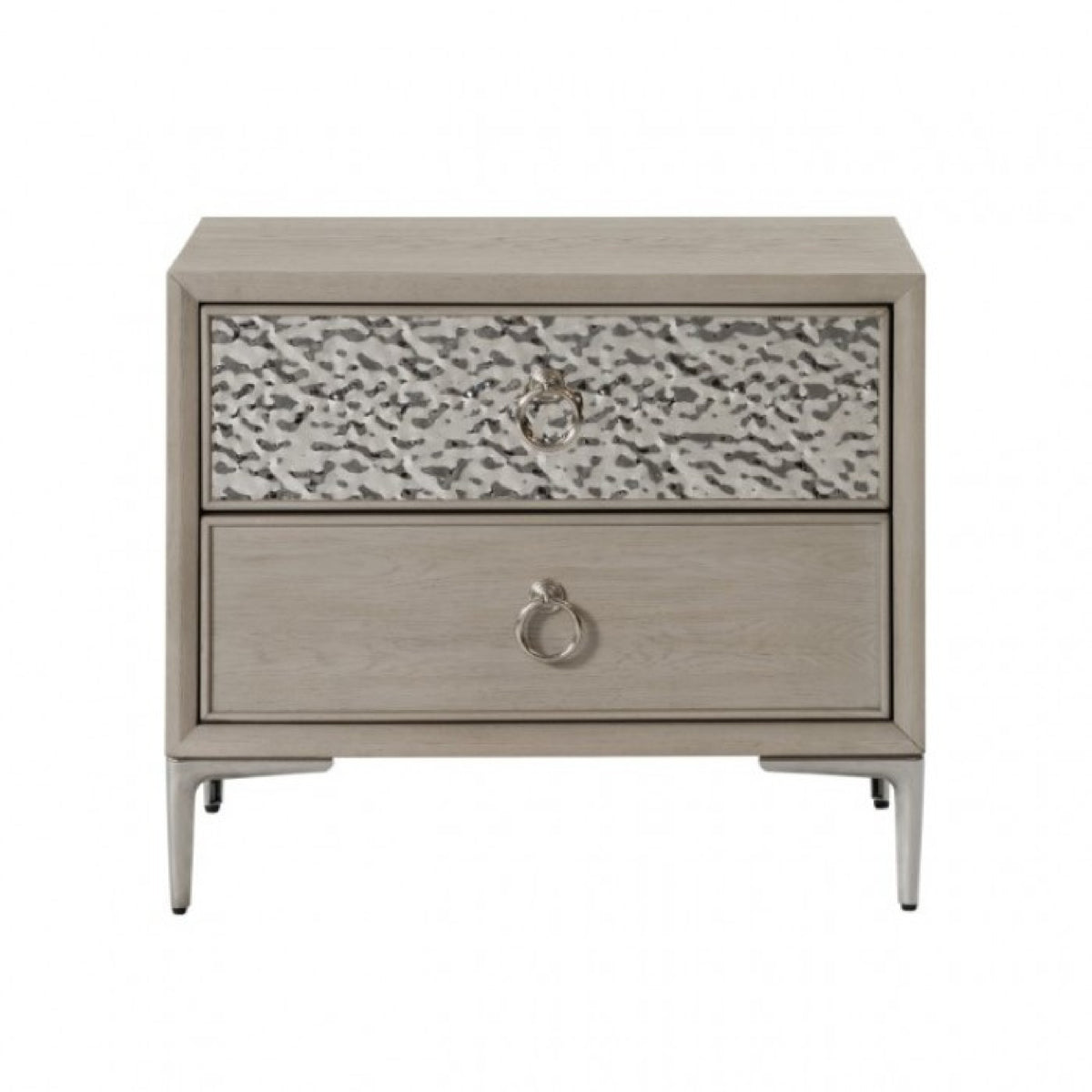 Queen Bedroom Set, Natural Oak Brown, Silver, Champagne Wood, 2 Piece Set with Nightstand