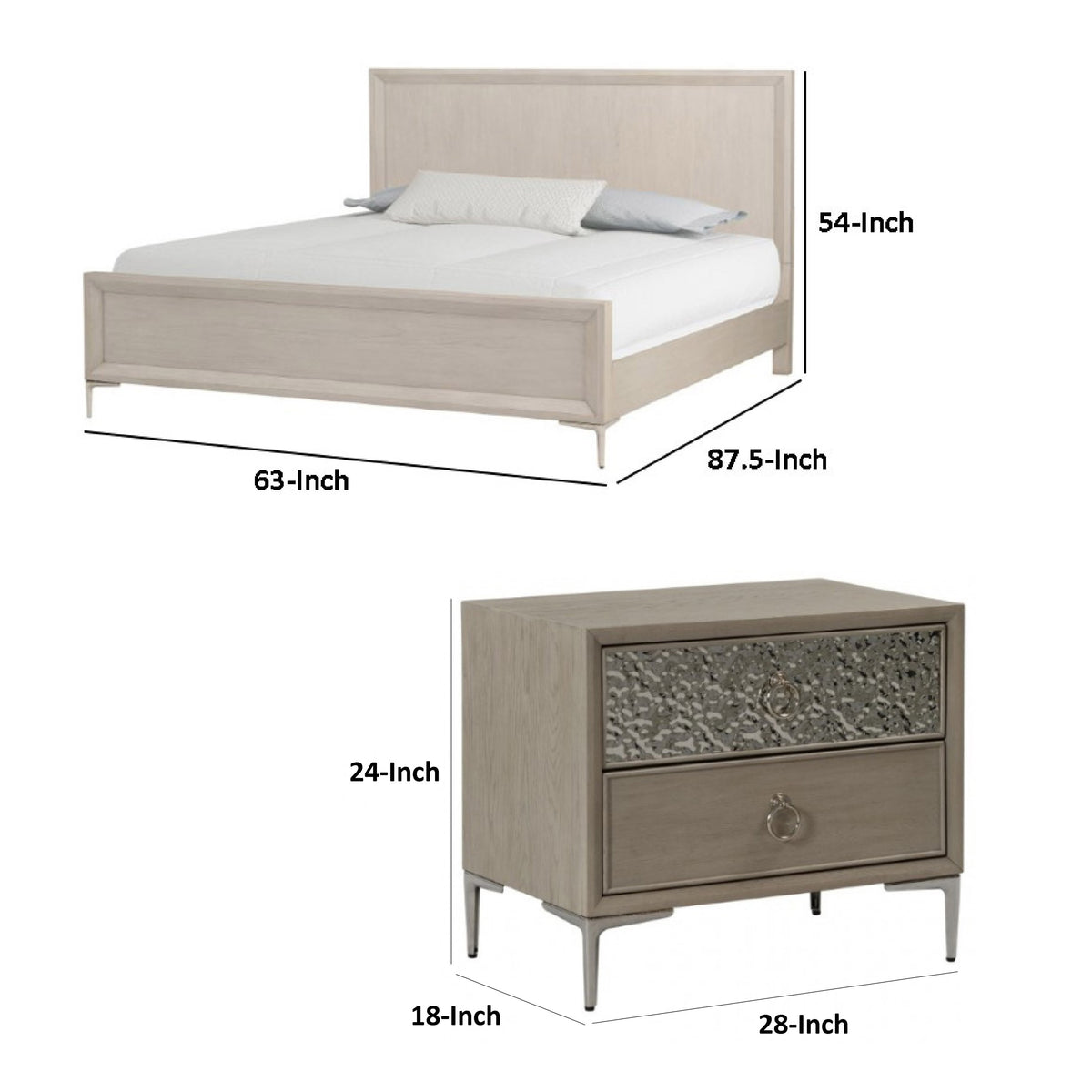 Queen Bedroom Set, Natural Oak Brown, Silver, Champagne Wood, 2 Piece Set with Nightstand
