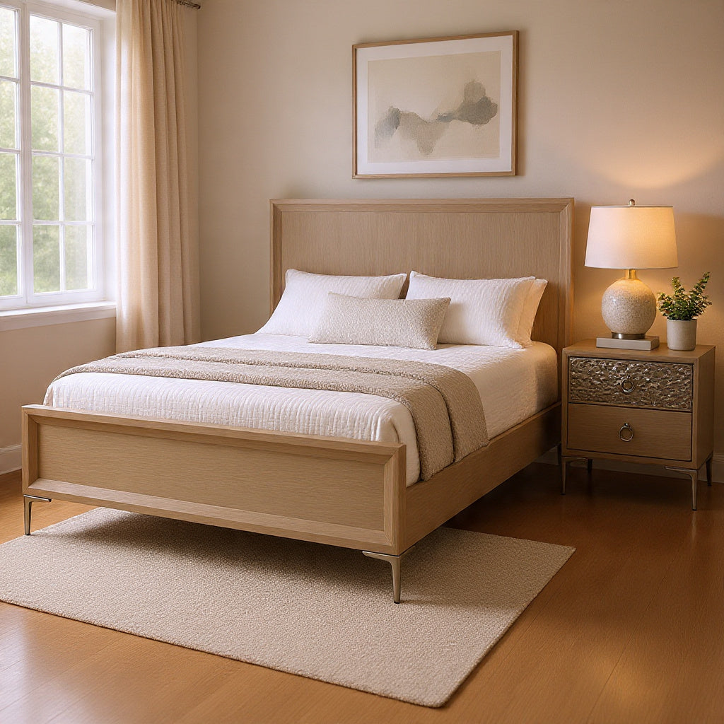 Queen Bedroom Set, Natural Oak Brown, Silver, Champagne Wood, 2 Piece Set with Nightstand