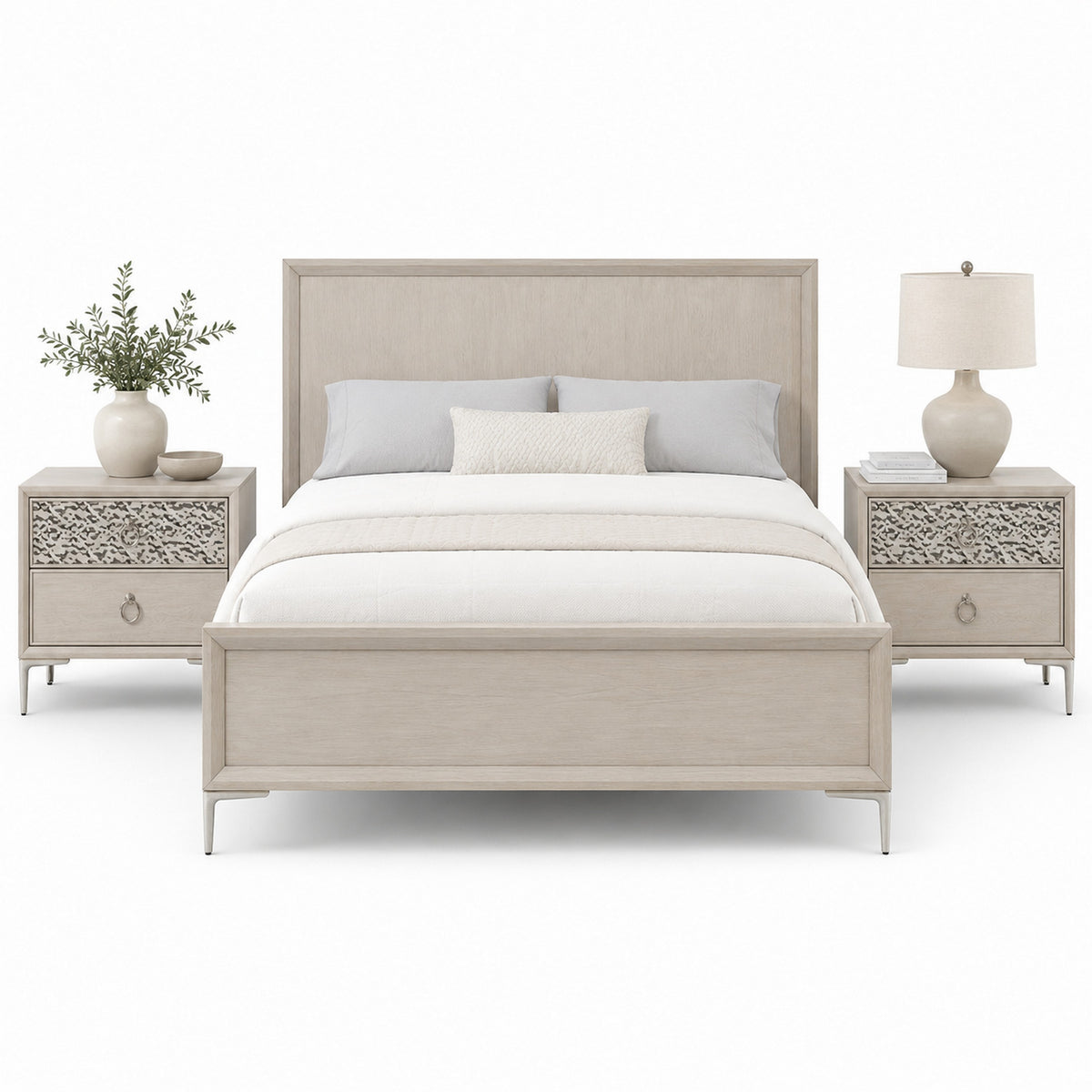 Queen Bedroom Set, Natural Oak Brown, Silver, Champagne Wood, 3 Piece Set with 2 Nightstands
